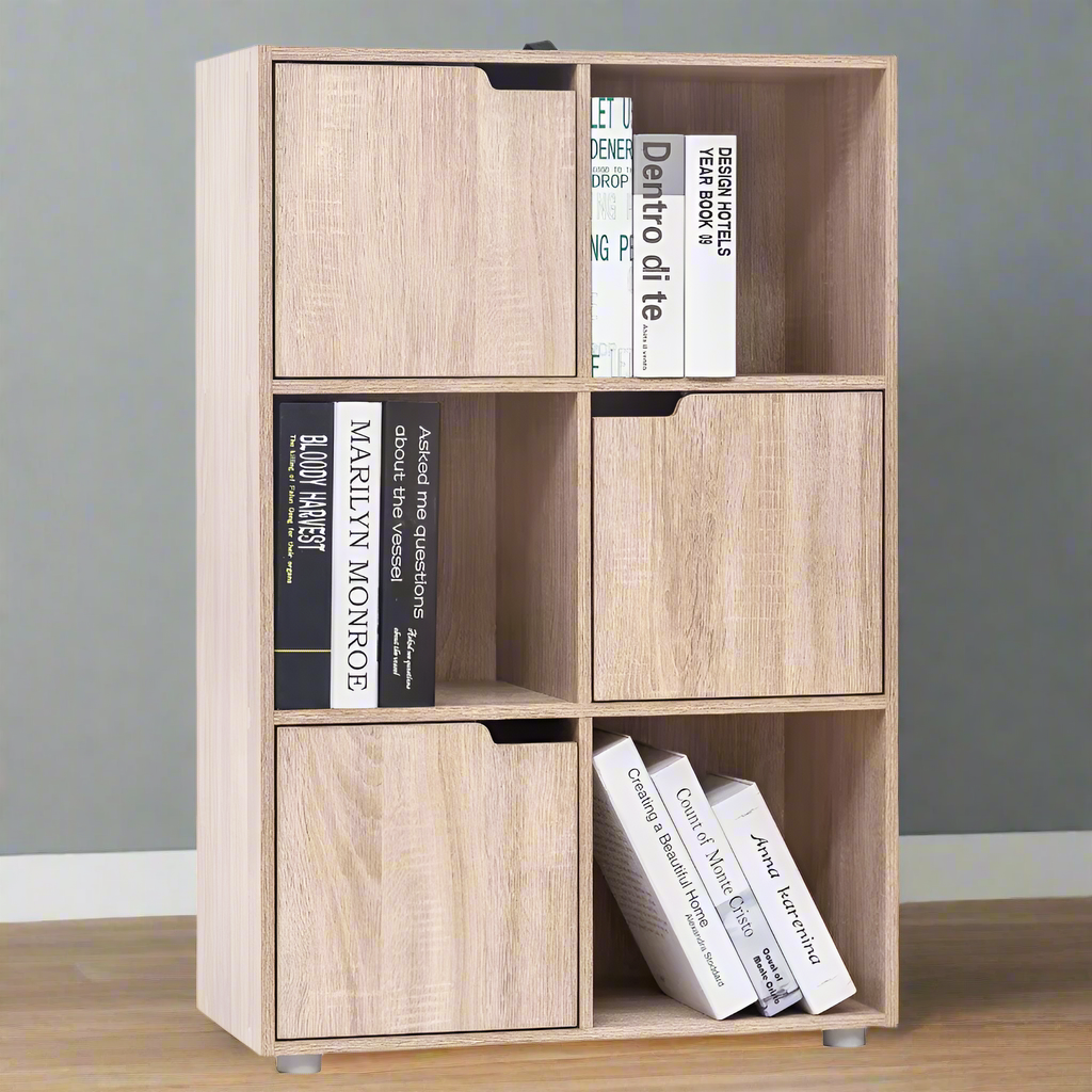 Boekenkasten - Boekenplanken - Boekenkasten Hout – Vrijstaand Wandrek met 6 Vakken & Deuren – Opbergkast voor Boeken - Dossiers - Decoratie – Geschikt voor Woonkamer - Slaapkamer - Kantoor – 59,7x29,7x91cm - Eiken