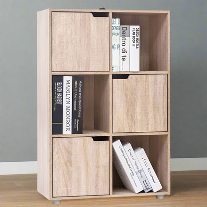 Boekenkasten - Boekenplanken - Boekenkasten Hout – Vrijstaand Wandrek met 6 Vakken & Deuren – Opbergkast voor Boeken - Dossiers - Decoratie – Geschikt voor Woonkamer - Slaapkamer - Kantoor – 59,7x29,7x91cm - Eiken