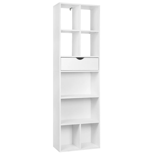 Boekenkast met Lade – Vakkenkast - Boekenrek - Open Kast – Vrijstaande - Opbergkast - Roomdivider – 6 Vakken - 1 Lade - 50x24x168cm - Wit - QUORE