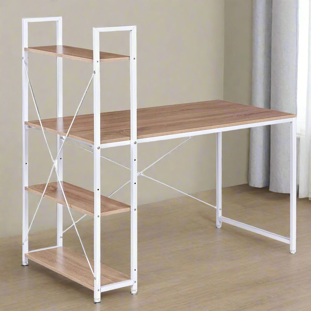 Desk - Corner Desk - Computer Table - Office Desk - with 4 Shelves - Compact Workstation - For Gaming - Studying - Office - Laptop or PC Table - E1 Wood &amp; Metal - 120x64x120 cm - Light Oak and White