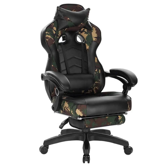 Ergonomische Gaming- en Bureaustoel – Comfortabele Werkstoel – Verstelbare Rugleuning – Voetensteun – Kunstleer – Maximale Draagkracht 120 Kg – Zwenkwielen - Camouflage