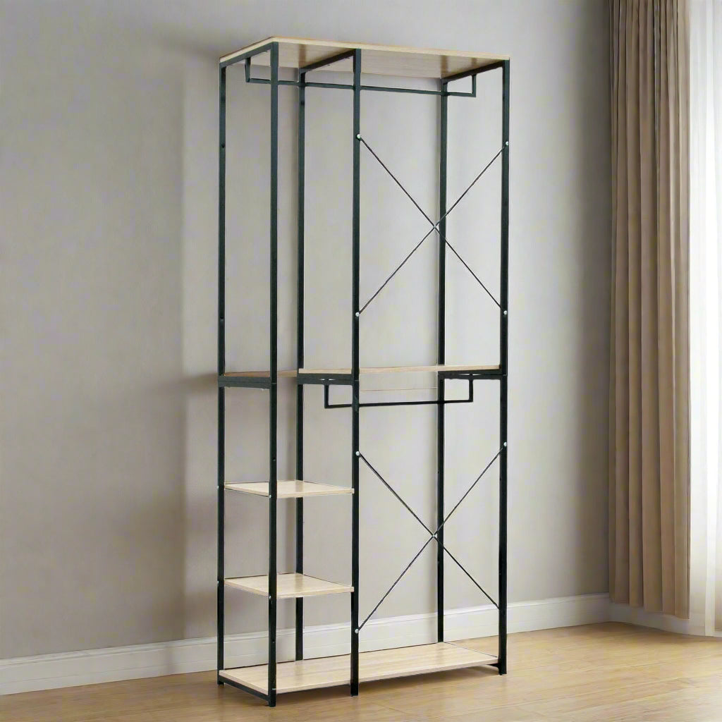 Kledingrek - Kledinghangers - Kledingrek Metaal - Houten Stalen Kapstok – Vrijstaande Kledinghanger - met Opslagplanken - Schoenenrek voor Slaapkame - 90x40x204.5cm - Zwart en Licht Eiken - QUORE