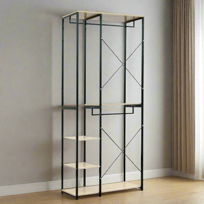Kledingrek - Kledinghangers - Kledingrek Metaal - Houten Stalen Kapstok – Vrijstaande Kledinghanger - met Opslagplanken - Schoenenrek voor Slaapkame - 90x40x204.5cm - Zwart en Licht Eiken - QUORE
