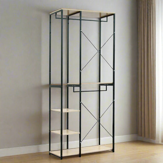 Kledingrek - Kledinghangers - Kledingrek Metaal - Houten Stalen Kapstok – Vrijstaande Kledinghanger - met Opslagplanken - Schoenenrek voor Slaapkame - 90x40x204.5cm - Zwart en Licht Eiken - QUORE