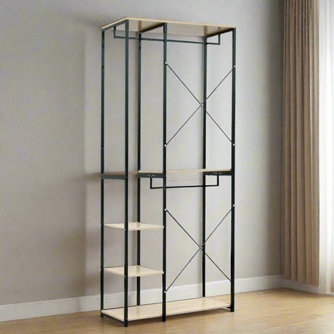 Kledingrek - Kledinghangers - Kledingrek Metaal - Houten Stalen Kapstok – Vrijstaande Kledinghanger - met Opslagplanken - Schoenenrek voor Slaapkame - 90x40x204.5cm - Zwart en Licht Eiken
