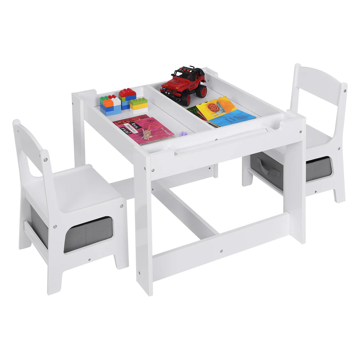 3-in-1 - Kindertafel -  kindertafel en Stoeltjes - Kindertafel en Stoelen Set – Omkeerbaar Tafelblad - Inclusief Opberglades - Tekenpapierrol – Houten Speeltafel -  voor Peuters & Kleuters - 63x63x51cm -  Wit - QUORE