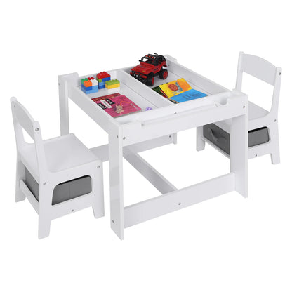 3-in-1 - Kindertafel -  kindertafel en Stoeltjes - Kindertafel en Stoelen Set – Omkeerbaar Tafelblad - Inclusief Opberglades - Tekenpapierrol – Houten Speeltafel -  voor Peuters & Kleuters - 63x63x51cm -  Wit - QUORE