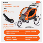 Aanhanger Fiets - Fietskar - Fietskar Voor Kinderen - Kinderfietskar - Fiets Aanhanger - Dubbelzits Drager - Opvouwbaar