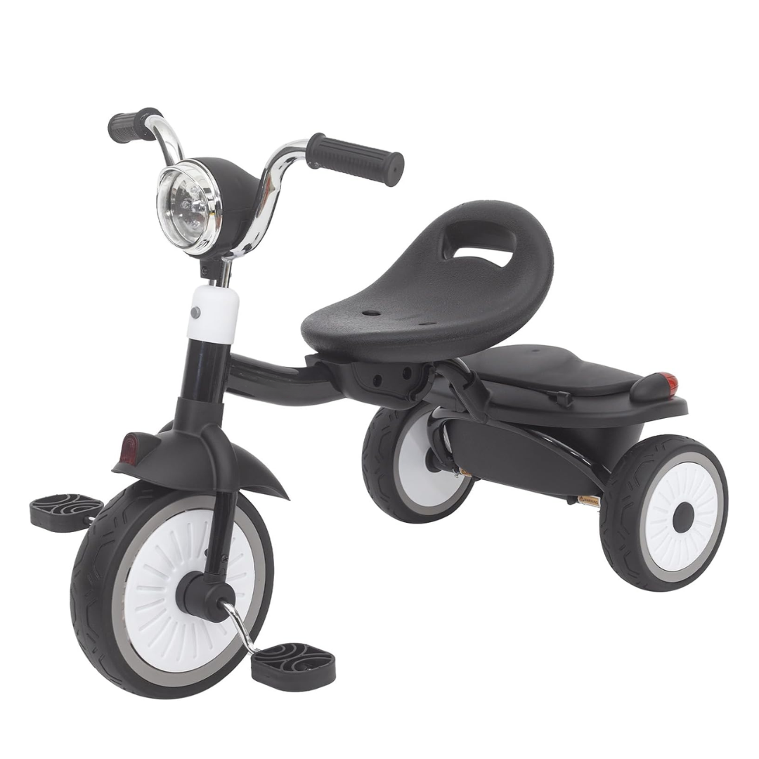 Driewieler voor Peuters – Kinderfiets Opvouwbaar met PU Wielen – Verstelbaar Zadel – Met Voorlamp & Opbergmand – 1 tot 3 Jaar – Zwart