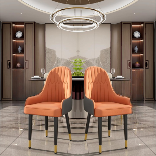 Stoel - Eetkamerstoelen - Set van 2 Eetkamerstoelen – Faux Lederen Design – Mid-Century Barstoelen – Houten Poten – Comfortabele Bekleding – Voor Keuken - Eetkamer - Woonkamer - 52x49x90cm - Oranje en Grijs - QUORE