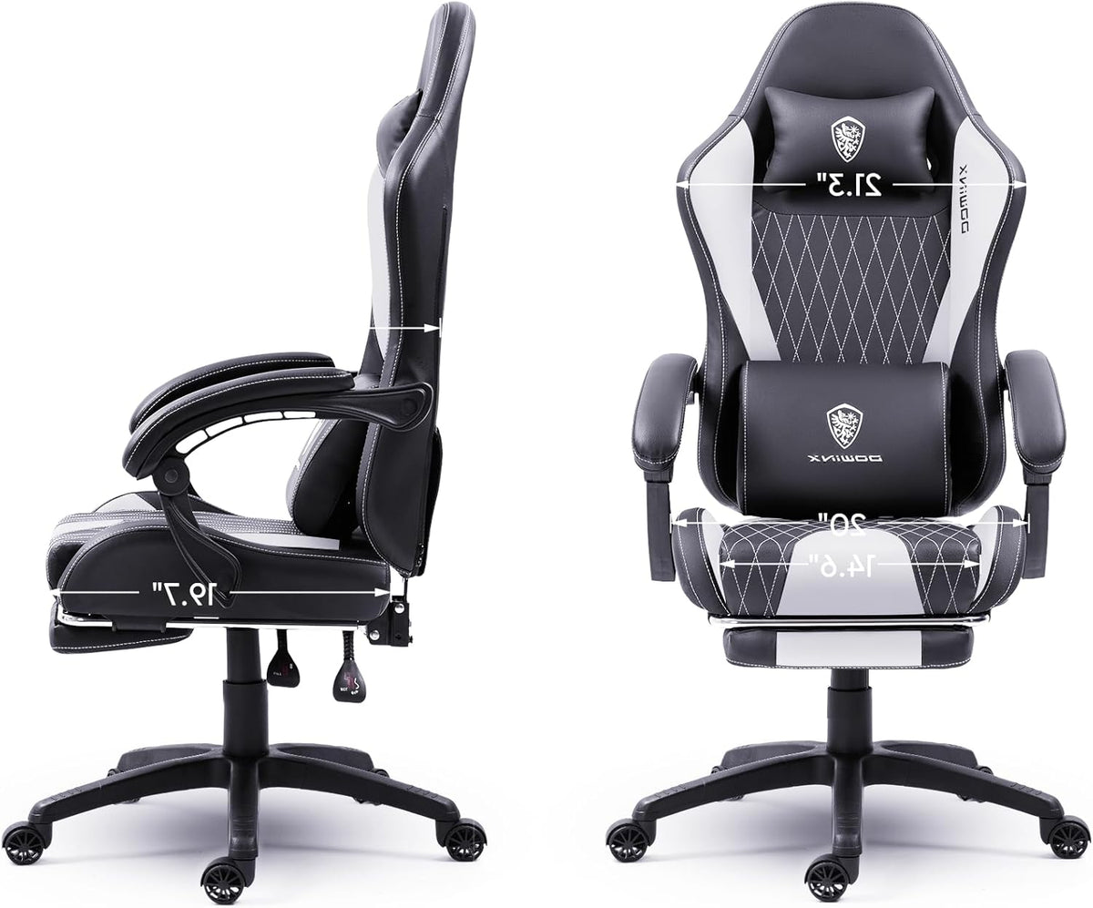Gamingstoel – Bureaustoel – Computestoel – Stoel Voor Gamers – Game Chair – Ergonomisch Ontwerp – Massagefunctie & Voetensteun – Wit Leer – Max 136 kg - QUORE