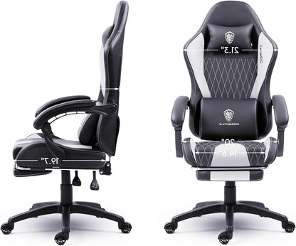 Gamingstoel – Bureaustoel – Computestoel – Stoel Voor Gamers – Game Chair – Ergonomisch Ontwerp – Massagefunctie & Voetensteun – Wit Leer – Max 136 kg - QUORE
