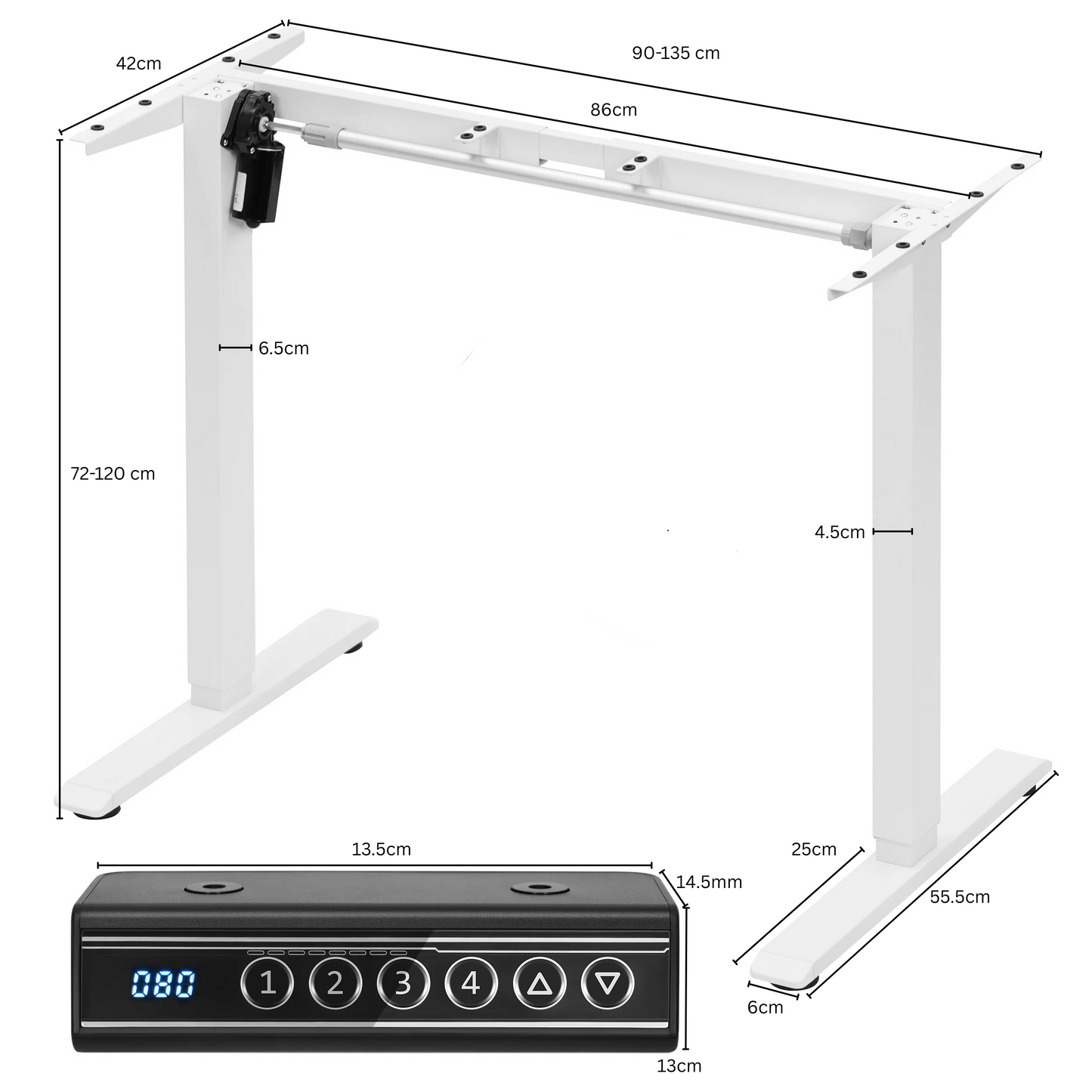 Bureauframe - Elektrisch Sta-bureaubeugel - Hefbureauframe - Verstelbaar - met USB-oplaadpoort - Geheugenbediening - voor Thuiskantoor - 29V - 60 x 135 x 120 cm - Wit - QUORE