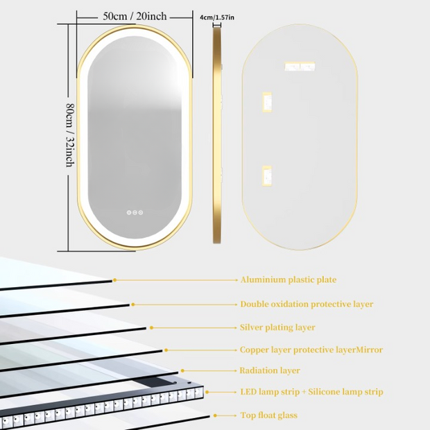 Bathroom Mirror - Bathroom Mirror with Light - Gold Frame - Stepless Dimmable Lighting - Anti-Frost &amp; Memory Function - Wall Mounted - 50x80cm/20x32inch - Gold