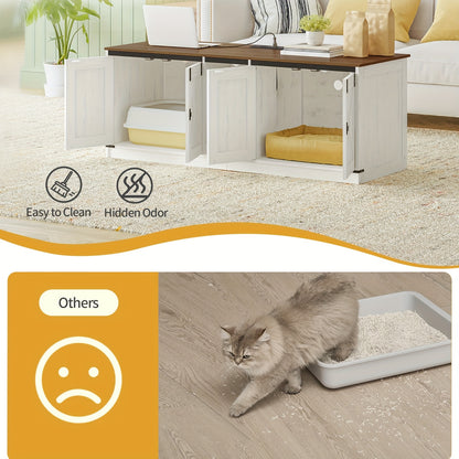Kattenmeubel – Kattenkast – Kattenbakmeubel – Kattenhuis – Kattenbak Kast – Voor 2 Katten – Met Stopcontacten en USB-poorten – 140 cm – Bruin-Wit