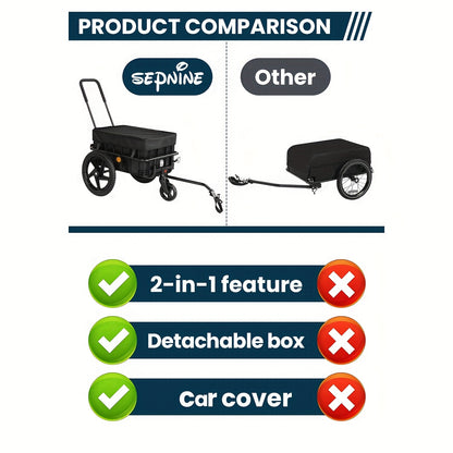 2-in-1 Bike Cargo Trailer, Bicycle Trailer, Hand Cart with Push Bar, Iron Frame with 40cm Air Tires, 40kg Load Capacity, Black, Outdoor Hauling, Cargo Transport, Compact Design, Lightweight Trailer, Reinforced Build, Bike Hau
