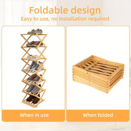 Schoenenkast – Schoenenrek – Schoenenopberger – Schoenenrekje – Hal Organizer – 7 Lagen – Opvouwbaar – Bamboe & Kunstboard – Smal & Vrijstaand – 25x25x125 cm