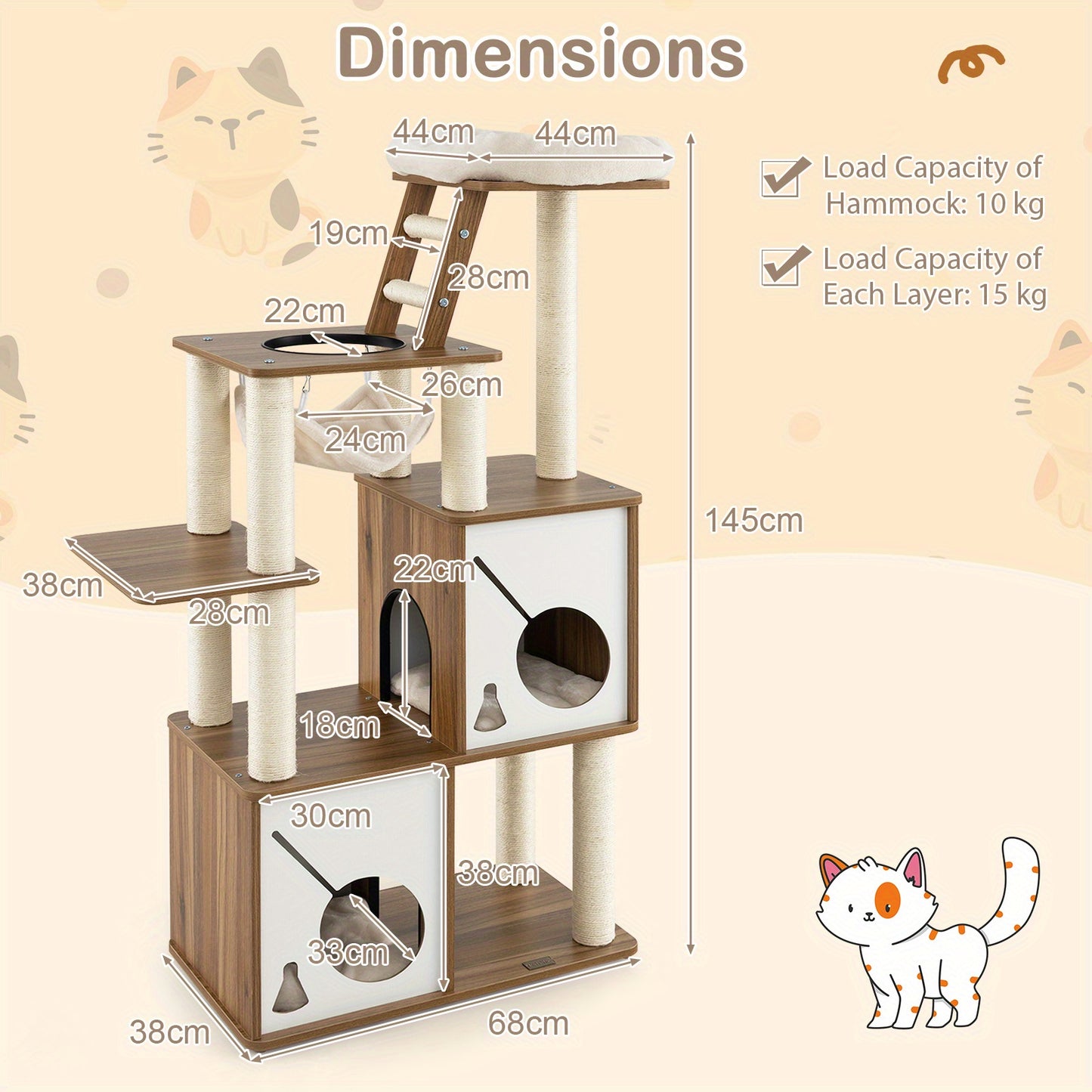 Krabpaal – Kattenboom – Kattenhuis – Krabmeubel – Kattentoren – 145 cm Hoog – Sisal Beklede Krabpalen – Afneembaar Wasbaar Bovenplatform en Huisjes