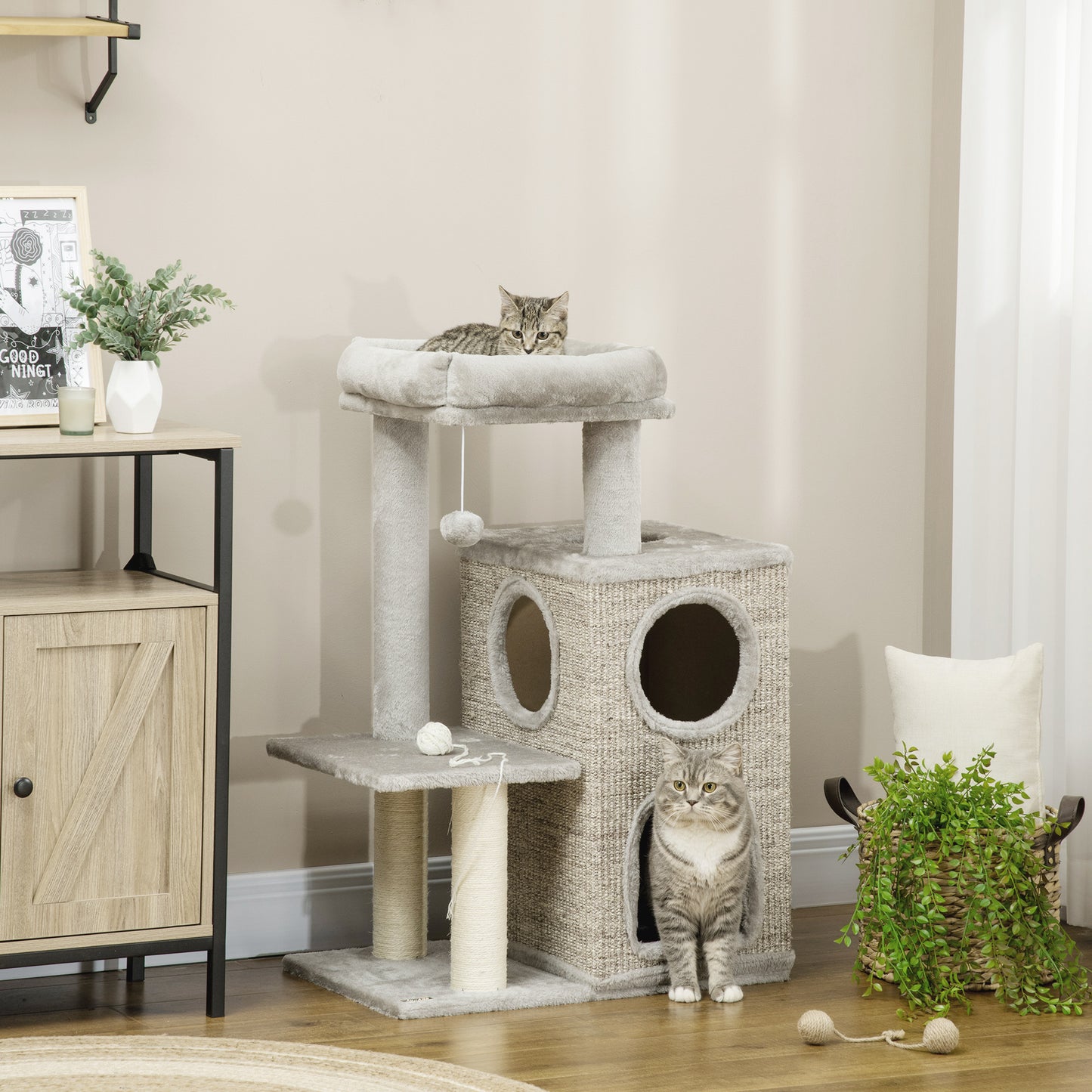 Krabpaal – Kattenkrabpaal – Kattenboom – Krabmeubel – Kattenhuis – Met Kattenhol En Speelbal – 91 cm Hoog – Lichtgrijs Met Natuurlijke Kleuren