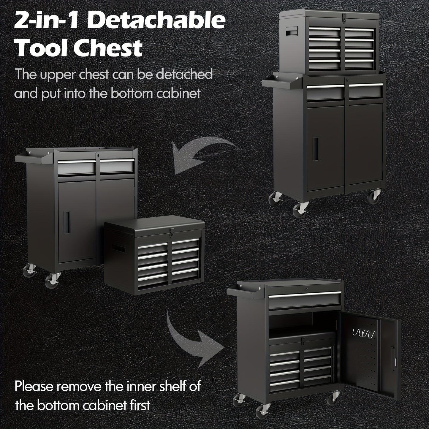 Gereedschapskist – Werkplaatskast – Tool Organizer – Opbergkist – Gereedschapswagen – Vergrendelbare Wielen – Verstelbare Planken – Afneembare Bovenkist – Antislip Voeringen – Robuuste Metalen Constructie – Zwart