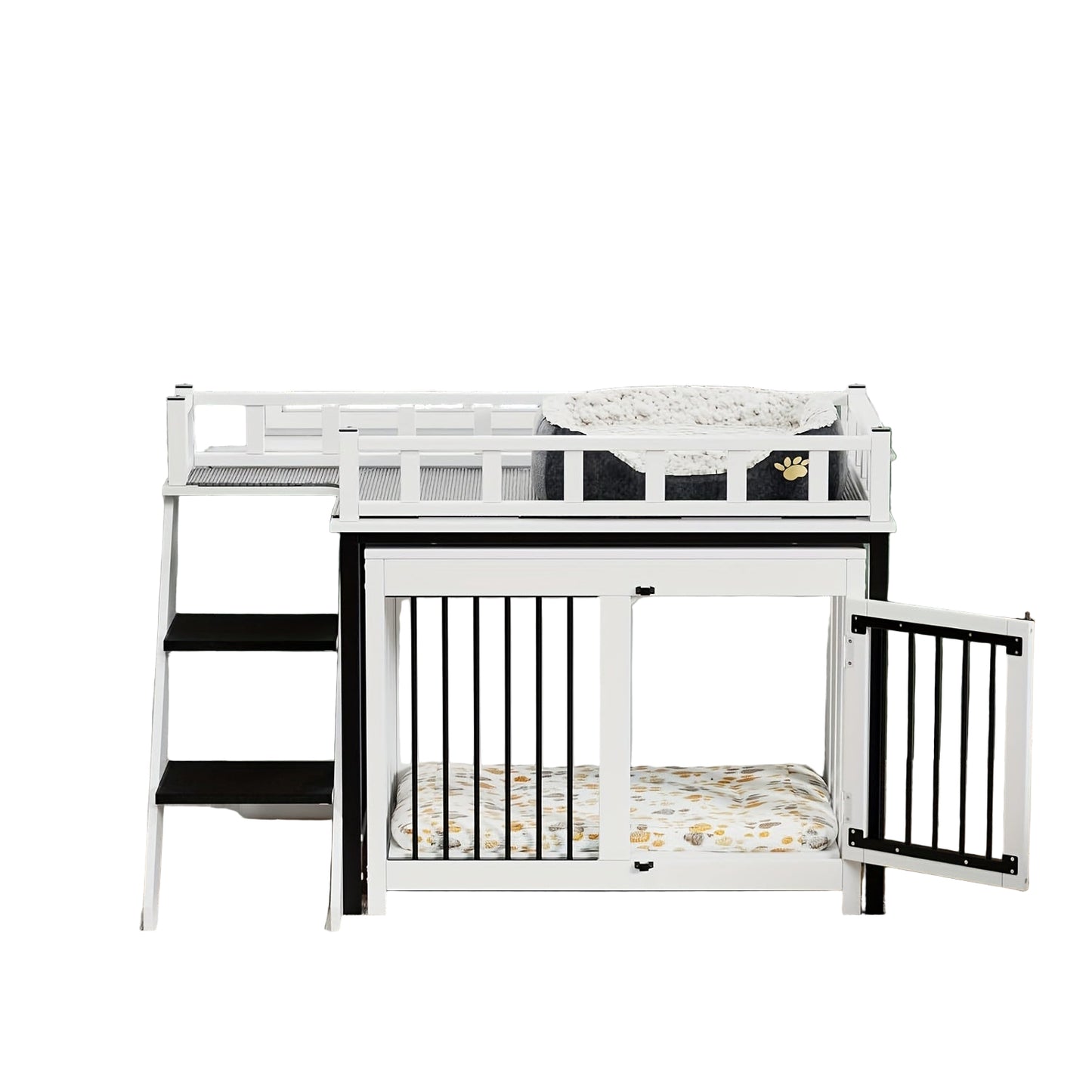 Hondenbench – Hondenkooi – Dierenkooi – Hondenhok – Hondenhuis – Met Trap – Massief Hout & Metalen Deur – 120x56x65 cm – Inclusief Zachte Matras en Dekentje – Zwart-Wit