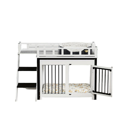 Hondenbench – Hondenkooi – Dierenkooi – Hondenhok – Hondenhuis – Met Trap – Massief Hout & Metalen Deur – 120x56x65 cm – Inclusief Zachte Matras en Dekentje – Zwart-Wit