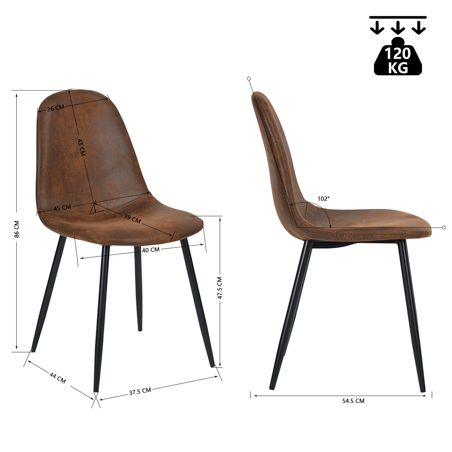 Eetkamerstoel – Stoel – Kuipstoel – Keukenstoel – Zithoekstoel – Bruin Suède – Metalen Poten – Gebogen Rugleuning – Vintage Stijl – 44x53x86 cm – Set van 4