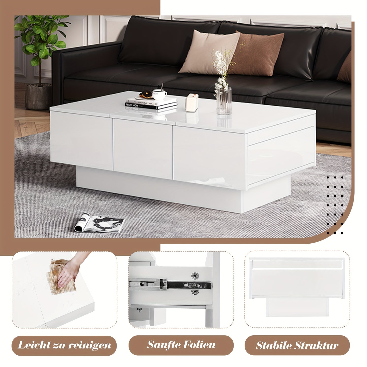 Salontafel – Coffee Table – Woonkamertafel – Tafeltje – Tafel met Opbergruimte – Wit Met Schuiffunctie – 2 Verborgen Vakken & 2 Lades – 100x55x35 cm – Modern Design