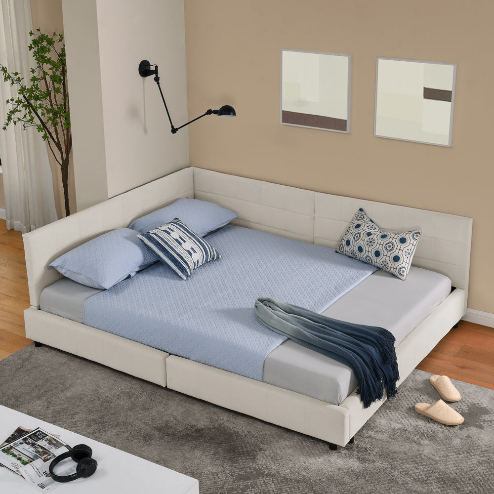 Hoekbankbed – Slaapbank – Bedbank – Loungesofa – Bedbank Hoek – Lichtbeige Velvet – 160x200 cm Tweepersoonsbed – Massief Eucalyptushout & IJzeren Frame