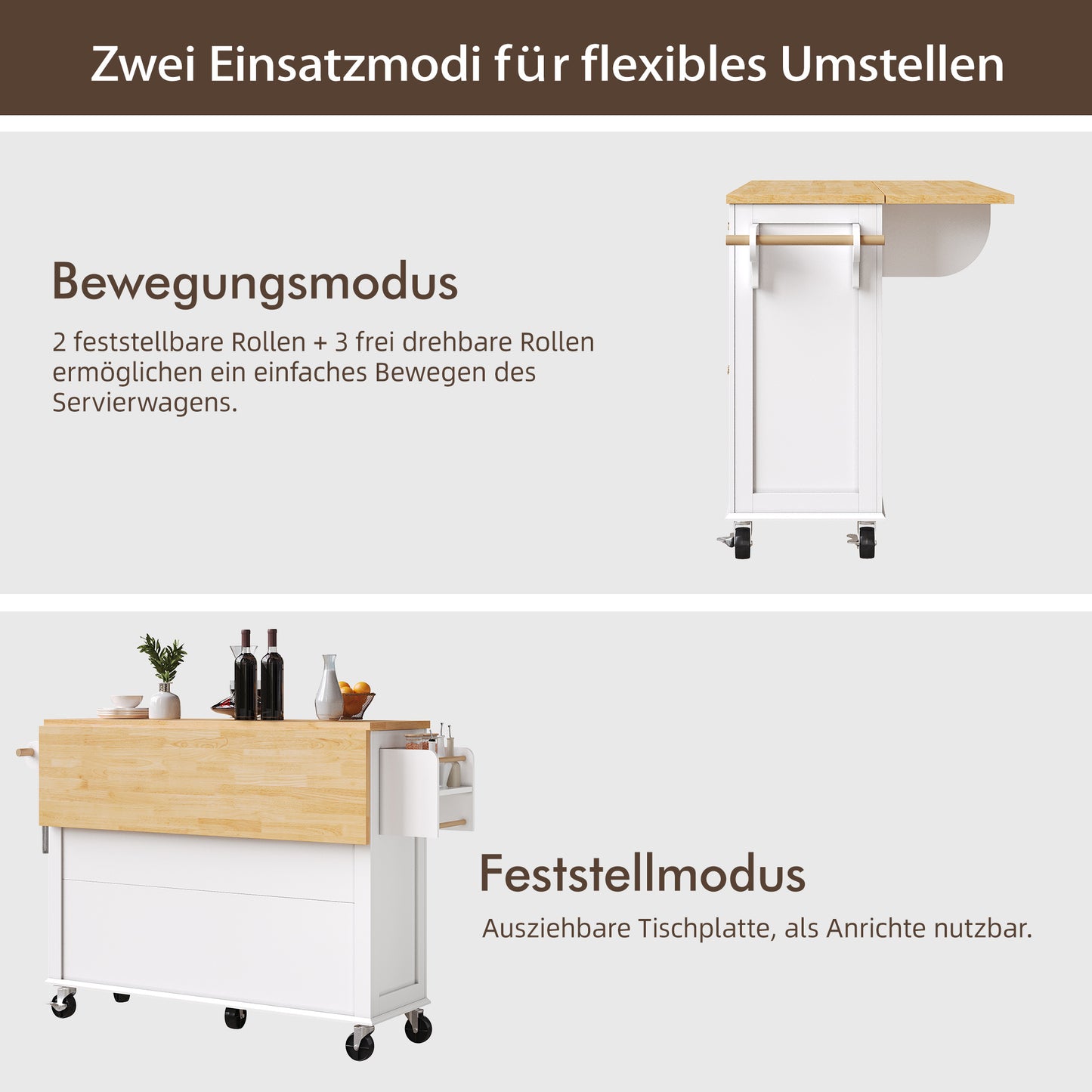 Keukenwagen – Serveerwagen – Barwagen – Opbergwagen – Mobiele Keukenwagen – Met Glazen Deuren – Grote Lade – Wieltjes Met Remmen – Duurzaam MDF Houtpanelen – Uitklapbaar Werkblad