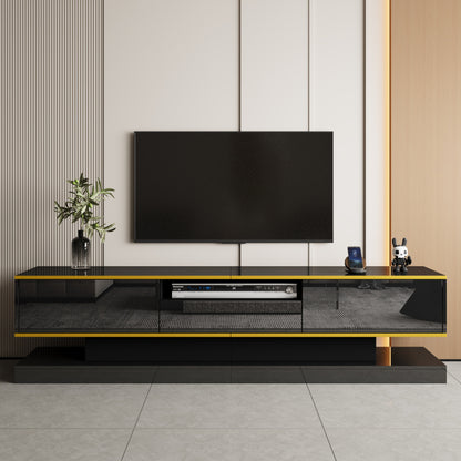 Modern Tv-meubel – Tv-kast – Entertainmentmeubel – Opbergmeubel – Woonkamermeubel – Zwart Hoogglans Met Gouden Accenten – 3 Laden + Open Vak Met Kleurveranderende LED – Ruimtebesparend 180x38x45 cm