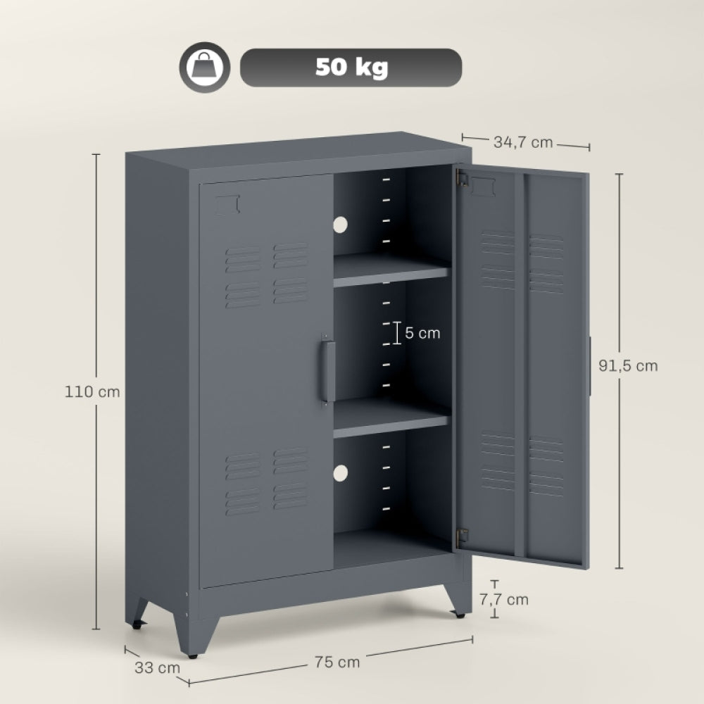 Metalen Kast – Opbergkast – Archiefkast – Dichte Kast – Kantoor Kast – Met Gelouvelleerde Deuren – 2 Verstelbare Legplanken – 75x33x110 cm – Robuust & Ventilerend