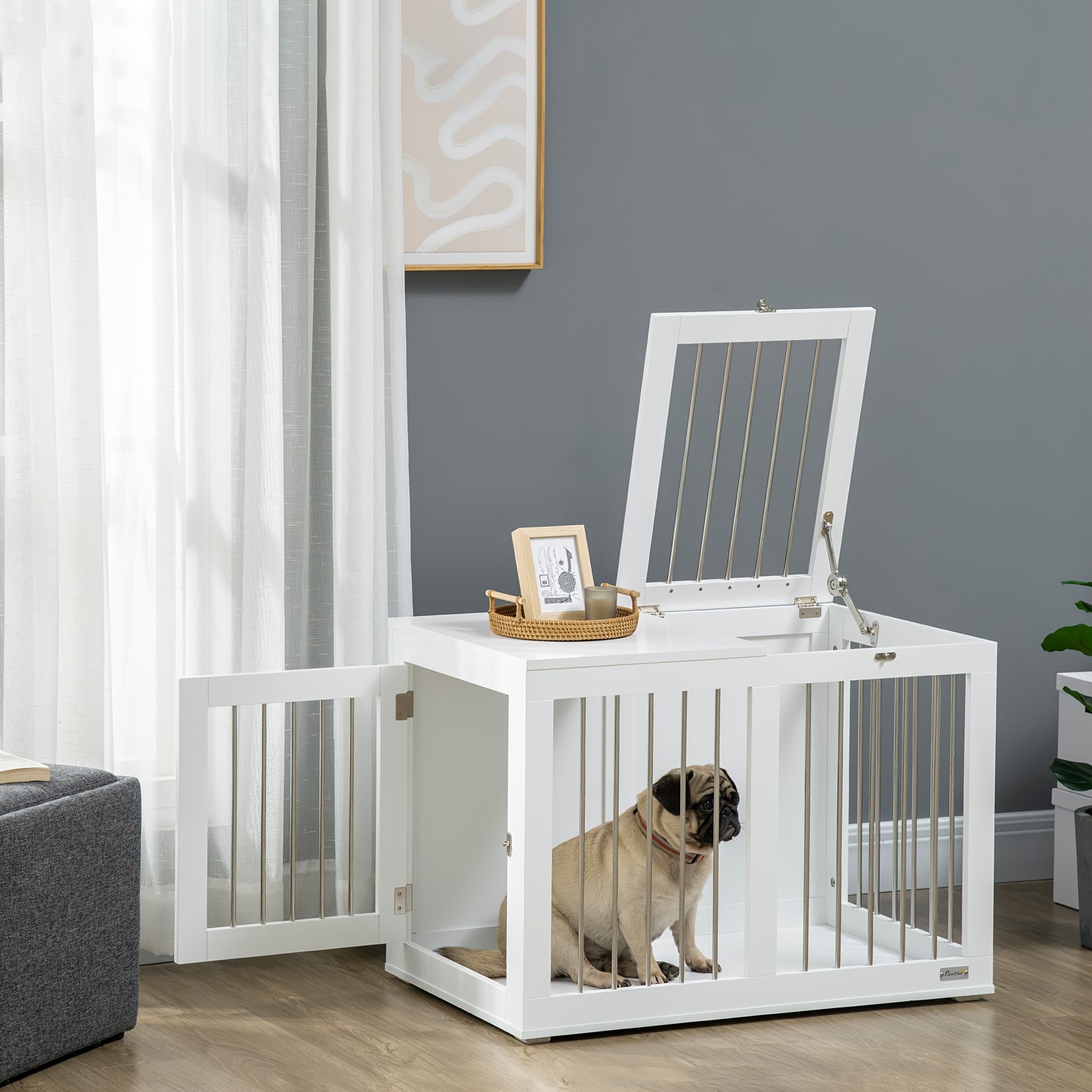 Hondenbench – Hondenkooi – Hondenhok – Bench Voor Middelgrote Honden – Dierenbench – Wit – Aluminium – 80x50x56,5 cm – Met Deur En Transportfunctie