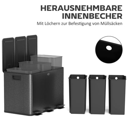 Afvalemmer – Prullenbak – Vuilnisbak – Sorterbak – Afvalcontainer – Zwart – 3 x 20 Liter Compartimenten – Soft-Close Deksel Met Geurfilter