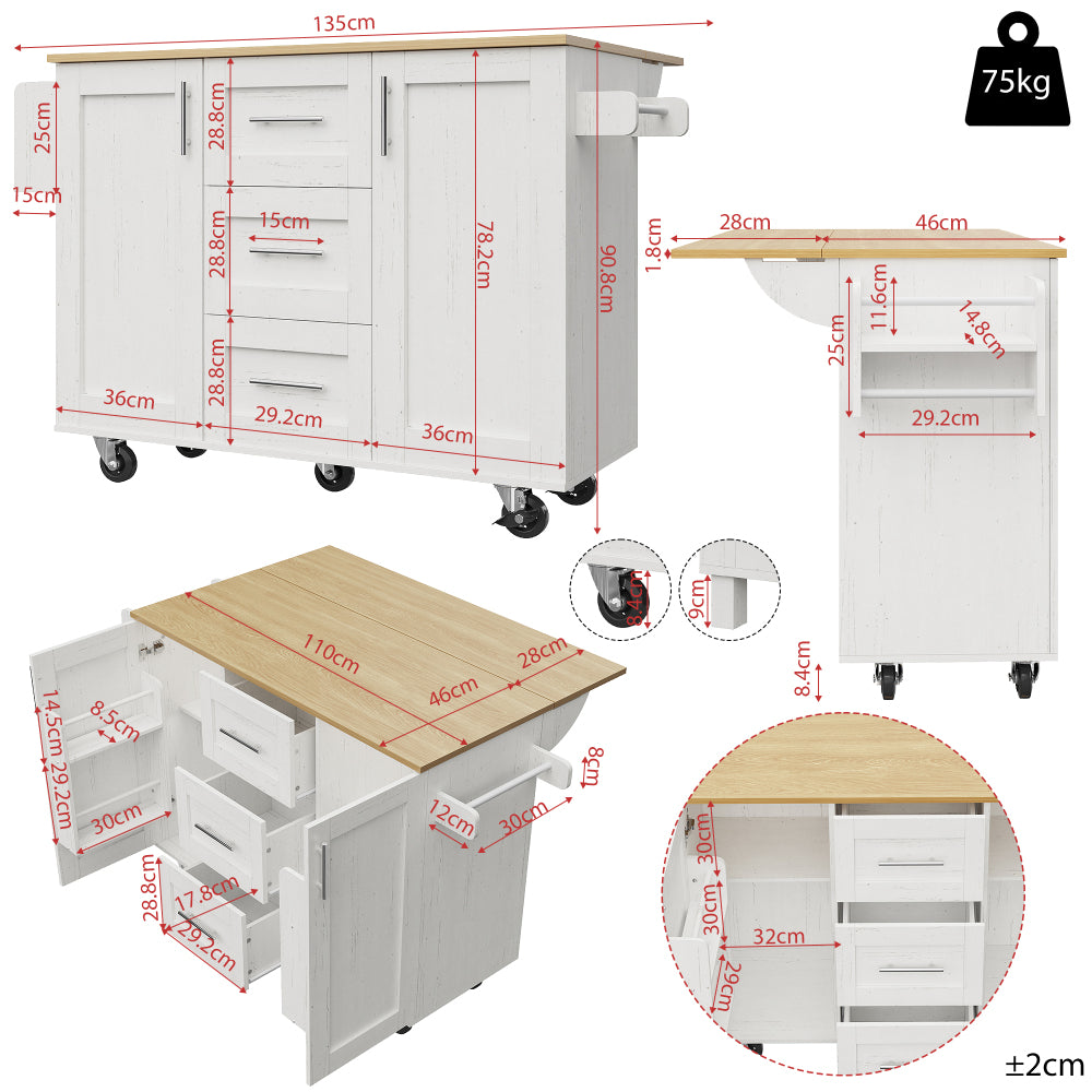 White Modern Mobile Kitchen Island with Removable Divider & Adjustable Casters - Heavy-Duty Metal Frame, Woodgrain Worktop, Storage Cabinets with Shelves & Drawers, Towel Rack - Space-Saving Rolling Cart for Small Kitchens, D