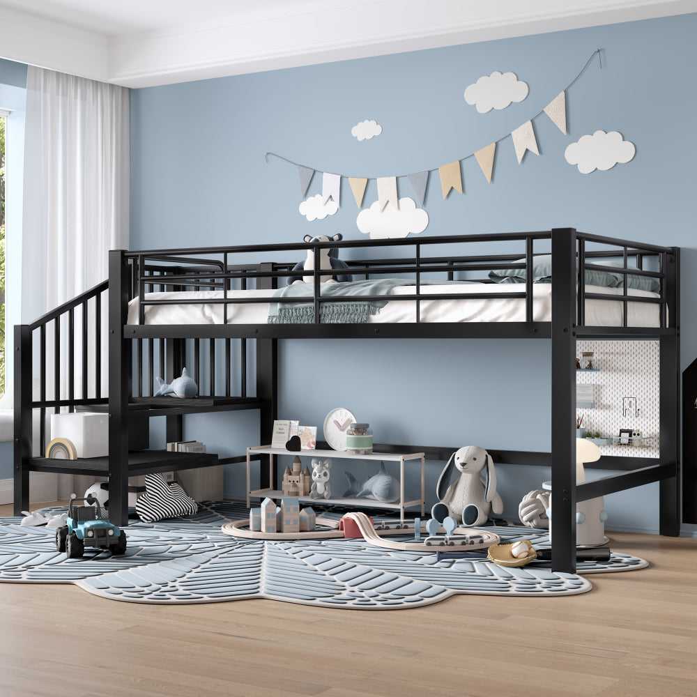 Elevated Storage Stair Bed, Black | Metal Contemporary Style, Assembled, No Electricity Required