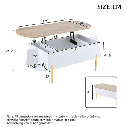 Salontafel – Koffietafel – Bijzettafel – Woonkamertafel – Verstelbare Tafel – Verstelbaar Hoogte – Uitbreidbaar Tafelblad – 7 Opbergrekken – Wit/Geel Metalen Frame