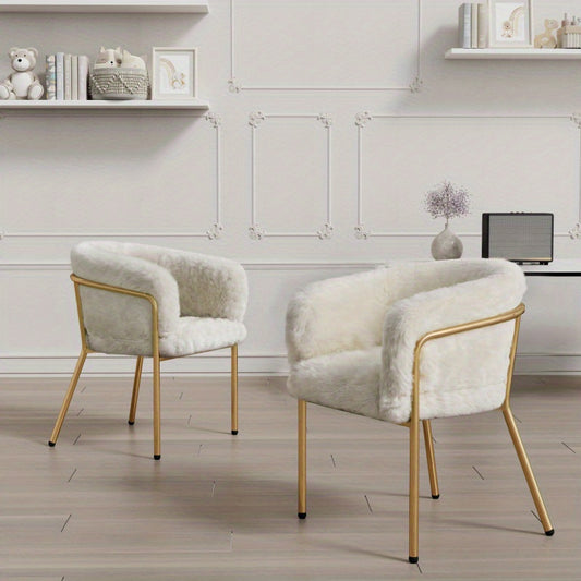 Fauteuil – Lounge Stoel – Relaxstoel – Leunstoel – Set Van 2 – Beige Imitatiebont – Metalen Pootjes – Comfortabel En Duurzaam