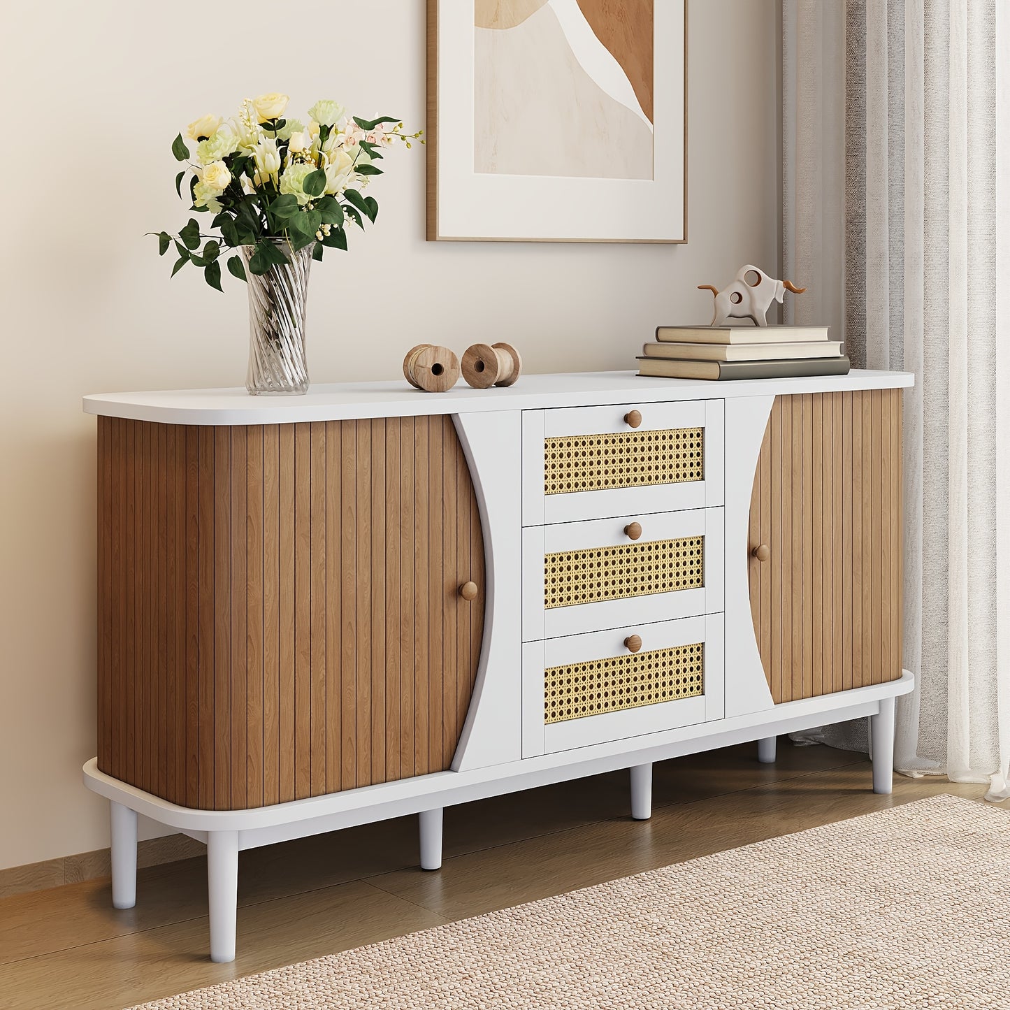 Houten Dressoir – Sideboard – Dressoir Kast – Ladekast – Rattan Kast – Massief Hardhout – Schuifdeuren met Lades