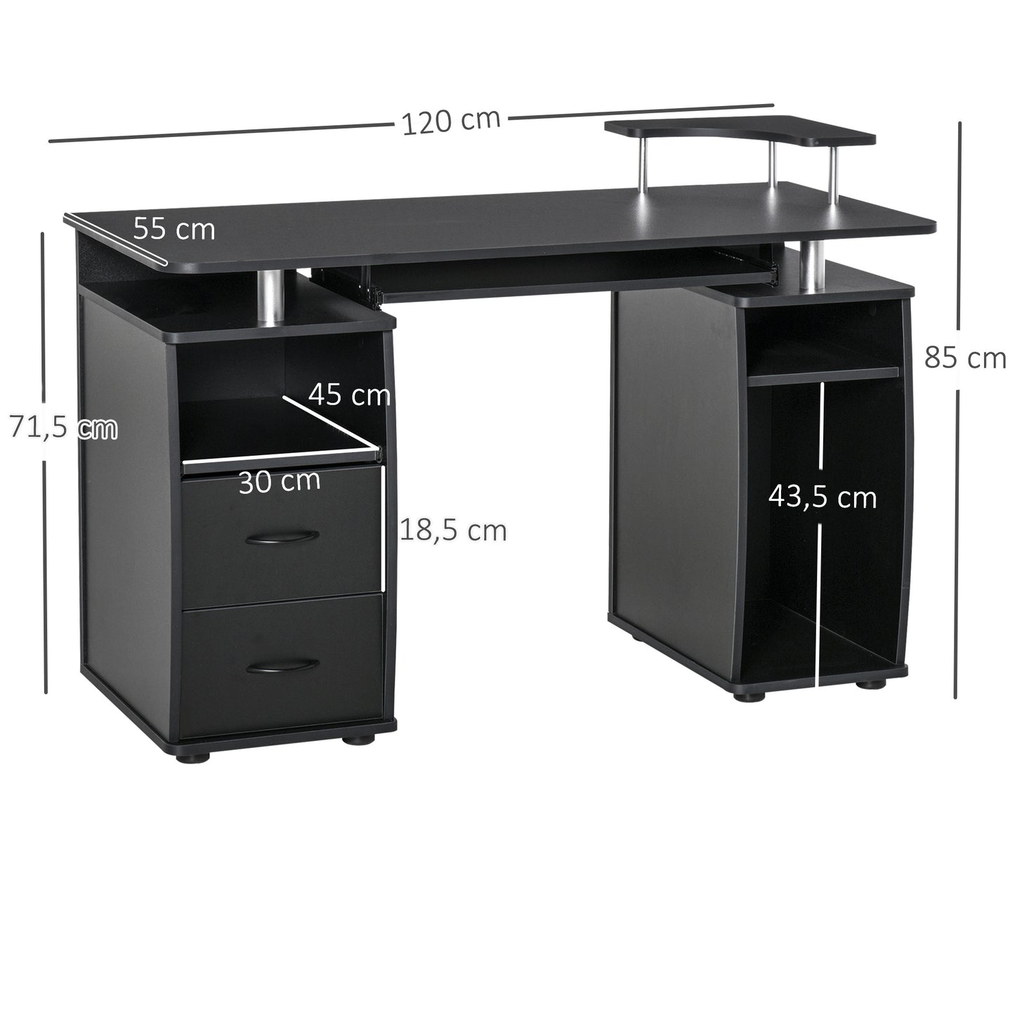 Computerbureau – Bureau – Werkplek – Schrijftafel – Bureau met Opbergruimte – Zwart – 120x55x85 cm – Veelzijdige Opbergruimte – Geïntegreerd Kabelbeheer
