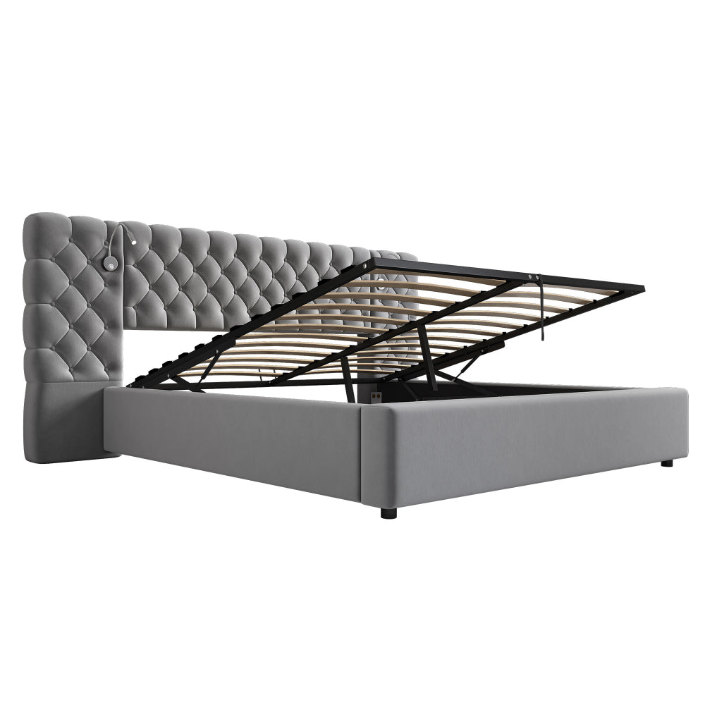 Bedkasten – Nachtkastje – Bijzettafel – Ladekast – Opbergkast – Tweepersoonsbed 160x200 cm – Hydraulisch Liftsysteem – Ruime Opbergruimte – Modern Grijs