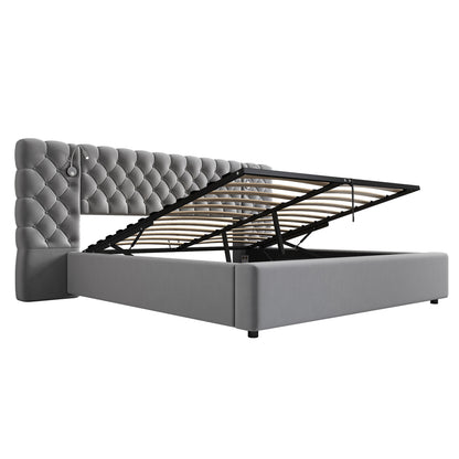Bedkasten – Nachtkastje – Bijzettafel – Ladekast – Opbergkast – Tweepersoonsbed 160x200 cm – Hydraulisch Liftsysteem – Ruime Opbergruimte – Modern Grijs