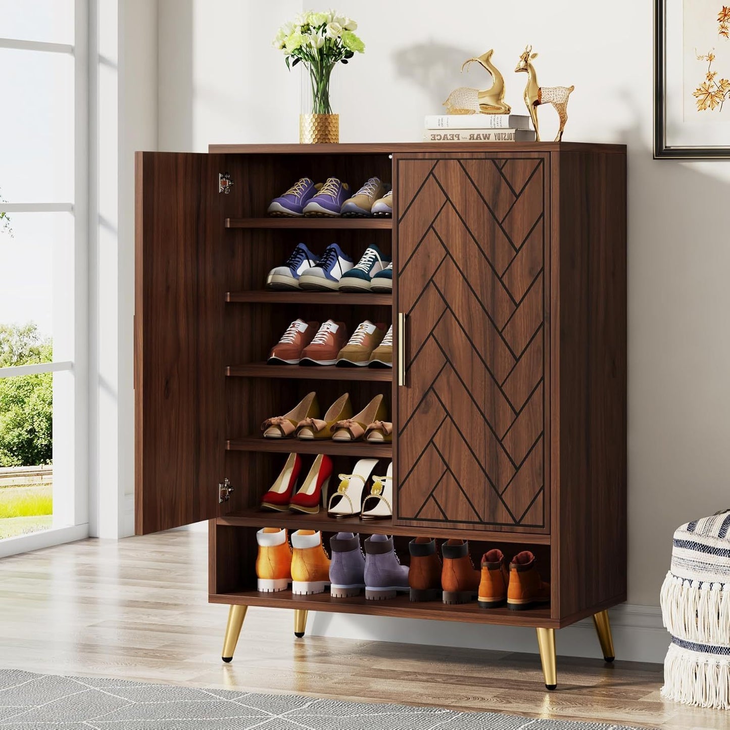 Schoenenkast – Schoenenrek – Schoenenopberger – Halkast – Schoenenbank – 6 Lagen – Hout Met Walnoot – Verstelbare Planken – 24 Paar Schoenen – Gouden Poten - QUORE