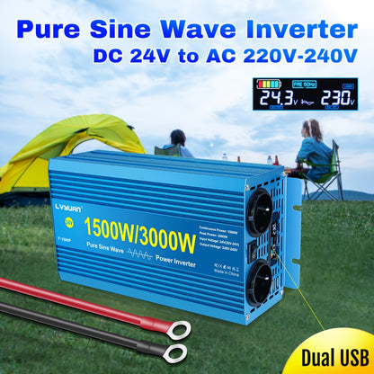 Omvormer – Spanningsomvormer – Stroomomvormer – Inverter – Converter – 12V/24V DC naar 220V AC – Zuivere Sinusgolf – 1500W Continu / 3000W Piek – LCD Display – Duale AC Stopcontacten & USB Poorten