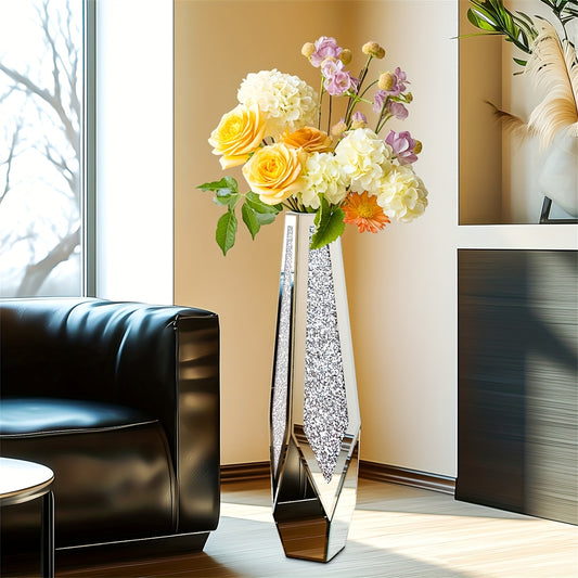 Vloervaas – Bloemenvaas – Decoratieve vaas – Grote vaas – Glazen vaas – Zilverkleurig glas – 71 cm Hoogte – Anti-slip en stabiel design