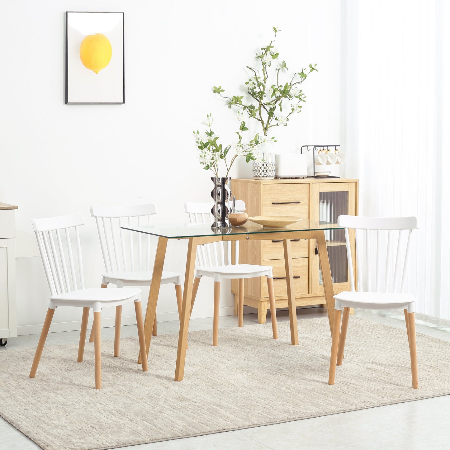 Eetkamerstoel – Stoel – Keukenstoel – Bureaustoel – Designstoel – Scandinavisch Design – Beukenhouten Poten – Polypropyleen Zitting Wit – Set Van 4