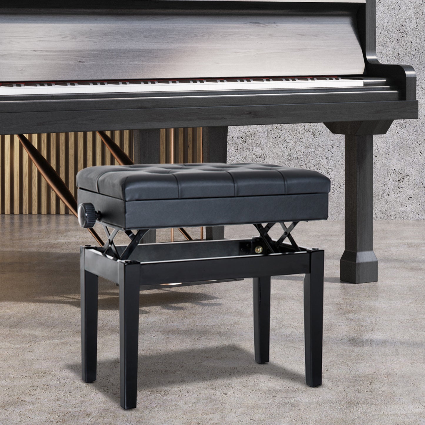 Pianokruk – Pianobank – Keyboardkruk – Piano Krukje – Pianostoel – Verstelbare Hoogte 48-58 cm – Met Opbergruimte – Zachte Synthetische Bekleding – Zwart