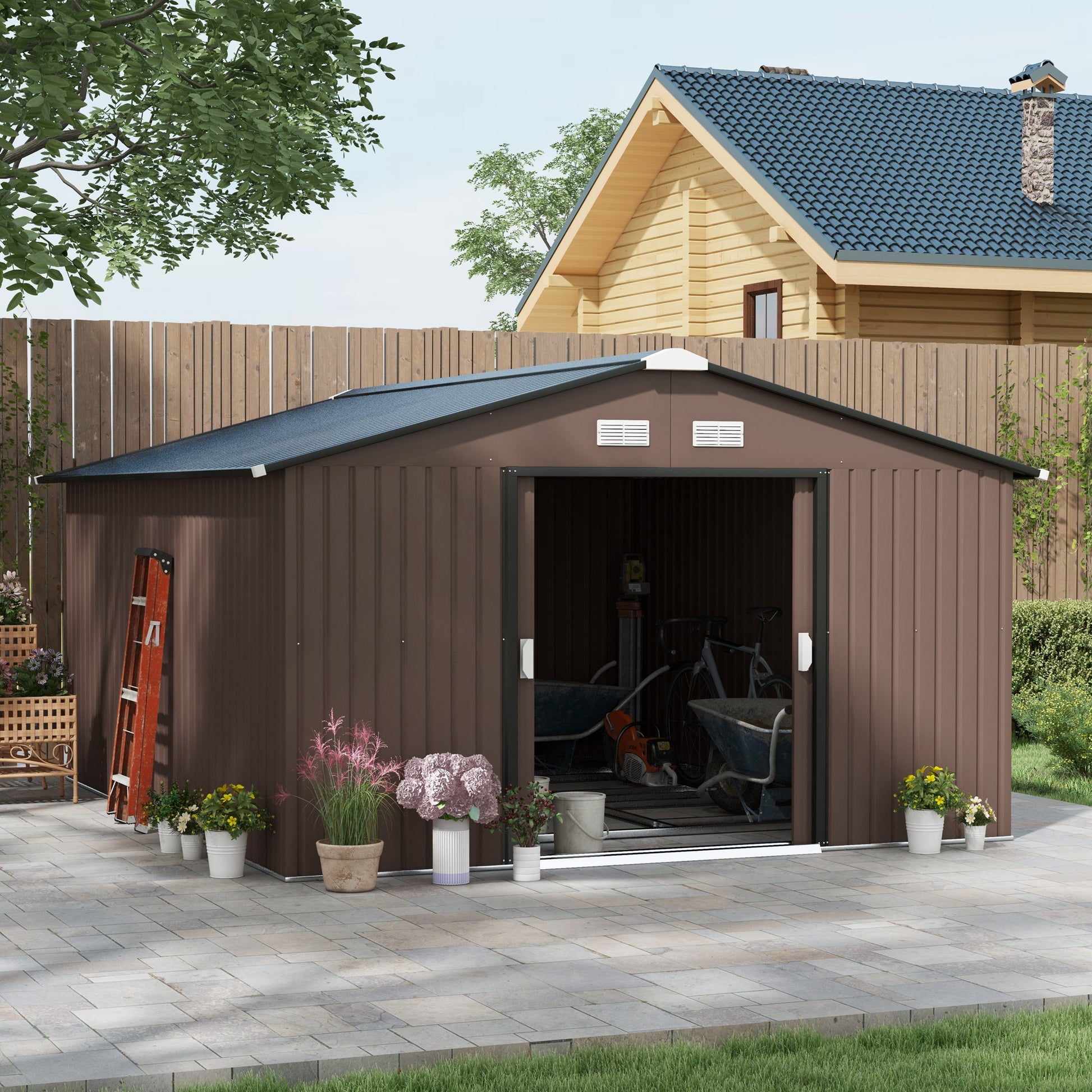 Tuinhuisje – Tuinberging – Tuinschuur – Gereedschapsschuur – Berging – Gegalvaniseerd Staal – 12,4 m² Met Schuifdeur En Fundering - QUORE