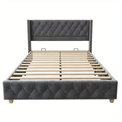 Gestoffeerd Bed – Velvet Bed – Eenpersoonsbed – Slaapbed – Lattenbodem Bed – Grijze Velvet Bekleding – 140 x 190 cm – Stevig Met Klinknagel Afwerking