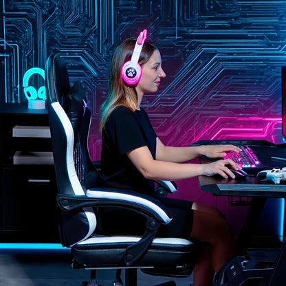 Ergonomic Gaming Chair with Footrest & Lumbar Support - Heavy-Duty Adjustable Height Recliner, 360° Swivel Memory Foam Computer Desk Chair, Manual Recline Handle, Headrest & 5-Wheel Base for Office, PC, Computer (Black/White
